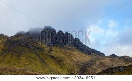 The landscape around the Old Man of Storr and the Storr cliffs, the famous attraction in Isle of Skye, Scotland, United Kingdom
