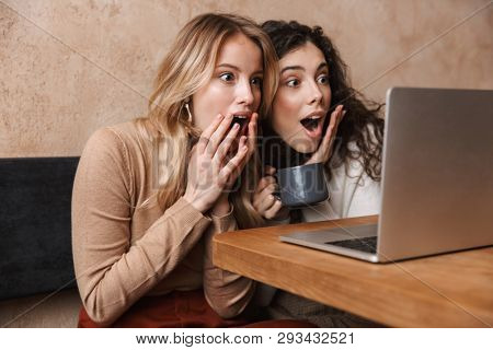 Image of excited emotional shocked girls friends sitting in cafe using laptop computer.
