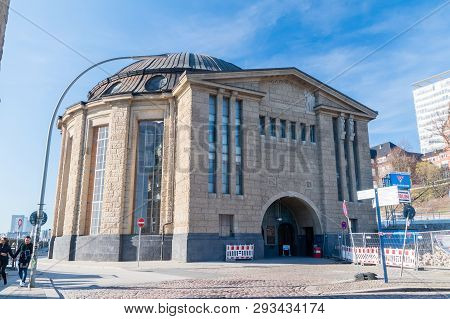 Hamburg, Germany - February 15, 2019: Entrance And Exit Of The Hamburg Elbtunnel.