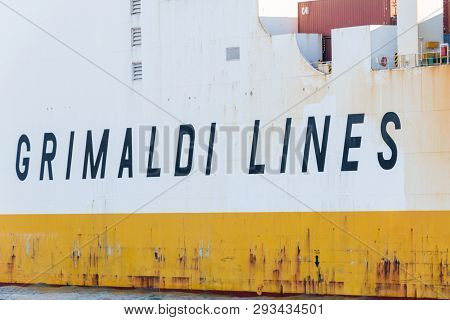 Hamburg, Germany - February 15, 2019: Sign Grimaldi Lines At Grande Luanda Cargo Ship.