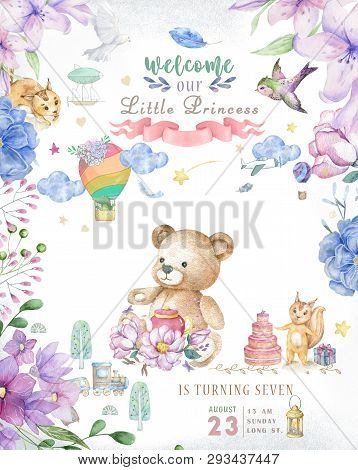 Watercolor Isolated Cute Watercolor Taddy Bear Clipart. Nursery Rabbit Illustration. Baby Poster. Tr