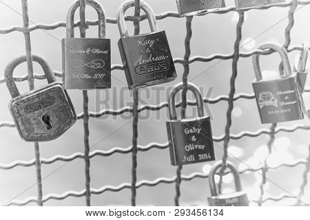 Eltville, Germany - March 31, 2019: Love Locks On A Fence In Eltville, Black And White Picture