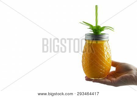 Summer Template, Mockup Background. Summer Refreshing Drink, Juice Or Cocktail. Woman's Hand Holding