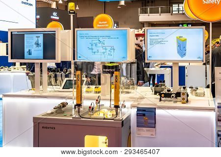 Hannover , Germany - April 02 2019 : Emerson Is Displaying Continuous Innovation At The Hannover Mes