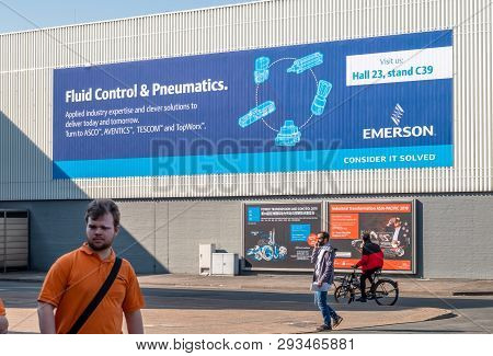 Hannover , Germany - April 02 2019 : Emerson Is Displaying Continuous Innovation At The Hannover Mes