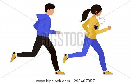 A Guy With A Girl In Tracksuits Went For A Run. A Couple Of A Man And A Woman Doing Sports Together.
