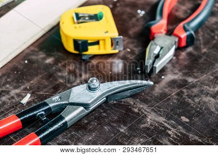 Tinsmith Tools On The Working Table In The Factory