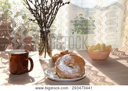 A Mug Of Milk, A Cup Of Corn And Cake On A Sunny Table, A Bouquet Of Spring Flowers For Mood, Diet F