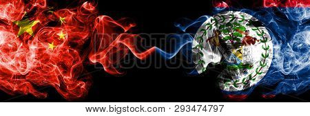 China Vs Belize, Belizean Smoke Flags Placed Side By Side. Thick Colored Silky Smoke Flags Of Chines