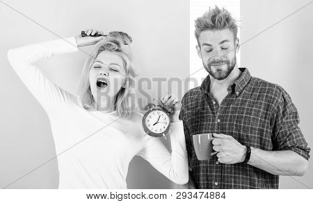 Couple Morning Awakening Alarm Clock. Create Healthy Rest Regime To Sleep Enough. Regret Late Regime