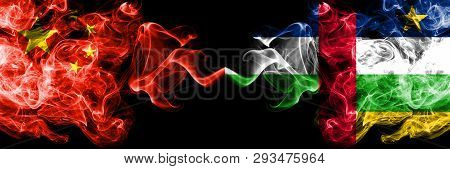 China Vs Central African Republic Smoke Flags Placed Side By Side. Thick Colored Silky Smoke Flags O