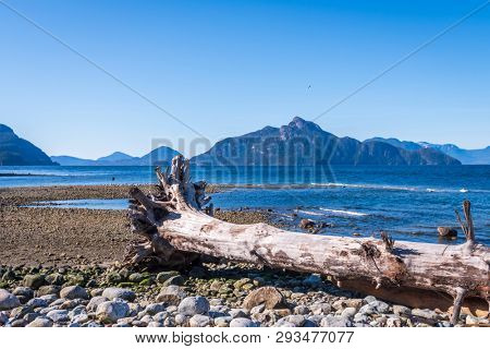 Fantastic view over ocean, snow mountain and rocks at Sechelt inlet in Vancouver, Canada.
