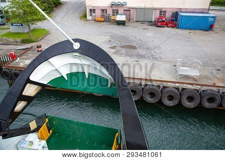 Near Geiranger, Norway - June, 2016: Ferryboat Departure And Close Deck. Ferry Bow Closeup. Arrival 