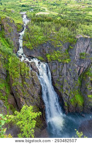 Beautiful View Of The Voringsfossen Waterfall. Bjoreio River. Norway. Falls In Mountains Of Norway. 