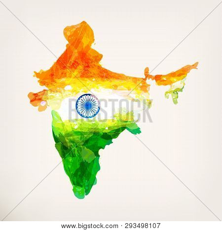 Indian Hand Drawn Watercolor Map. Watercolor Background In National Tricolors. India Independence Da