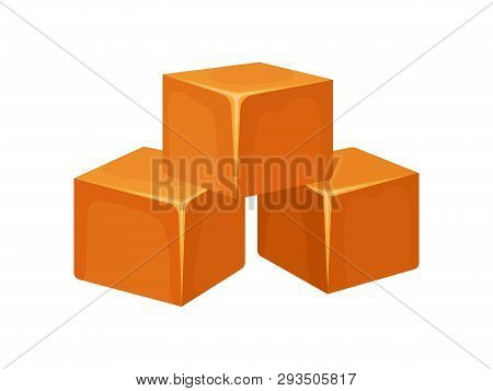 Caramel Cubes On White Background. Homemade Toffee.