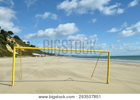 Goalposts And A Football Pitch Set Up On The Beach, Bournemouth, Dorset