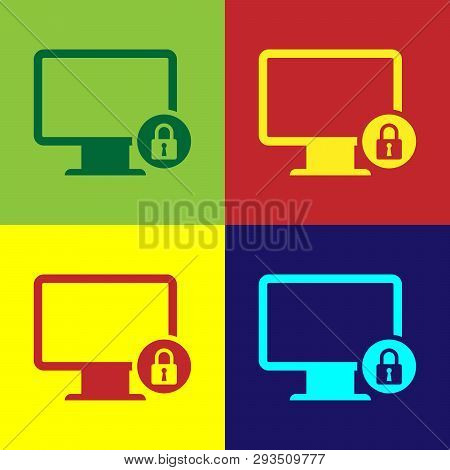 Color Lock On Computer Monitor Screen Icon Isolated On Color Backgrounds. Monitor And Padlock. Secur