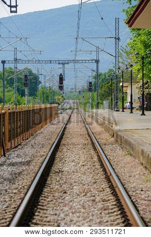 Leptokaria, Pieria, Central Macedonia, Greece - 07th May 2015: Empty small railway station of Leptokarya, Greece