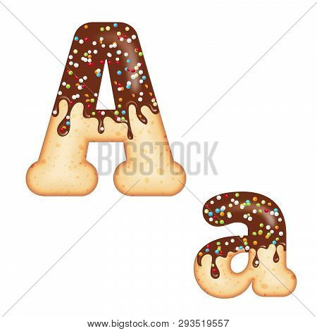 Tempting Typography. Font Design. 3D Donut Letter A Glazed With Chocolate Cream And Candy