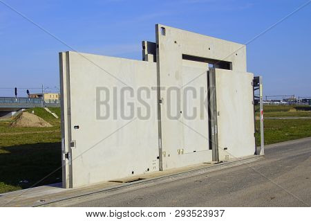 Almere, The Netherlands - April 5, 2019: Concrete Prefab Building Elements.