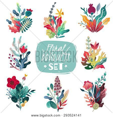 Spring Summer Decorative Flower Bouquets Set. Set Of Eight Flower Bouquets