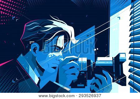 Detective With Photo Camera Vector Illustration. Young