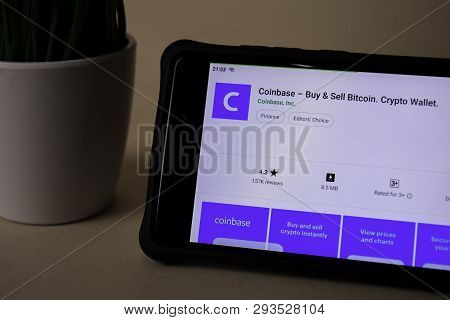 Bekasi, West Java, Indonesia. April 5, 2019 : Coinbase - Buy & Sell Bitcoin Dev Application On Smart
