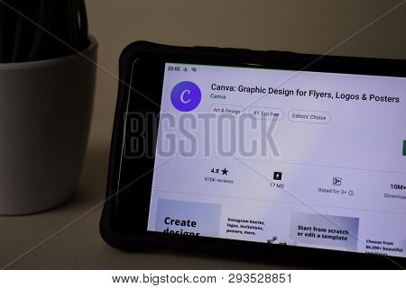 Bekasi, West Java, Indonesia. April 5, 2019 : Canva: Graphic Design Dev Application On Smartphone Sc