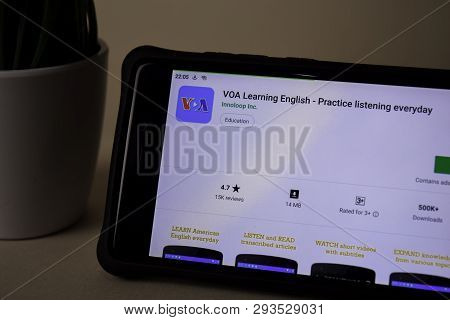Bekasi, West Java, Indonesia. April 5, 2019 : Voa Learning English Dev Application On Smartphone Scr