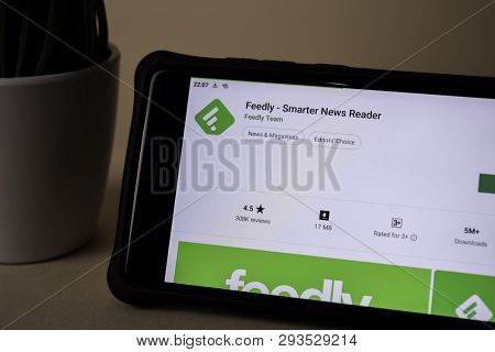 Bekasi, West Java, Indonesia. April 5, 2019 : Feedly - Smarter News Reader Dev Application On Smartp