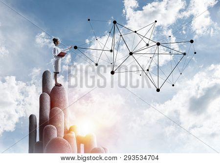 Young Female Doctor With Folder In Hands Satnding On Stone Column. 3d Rendering