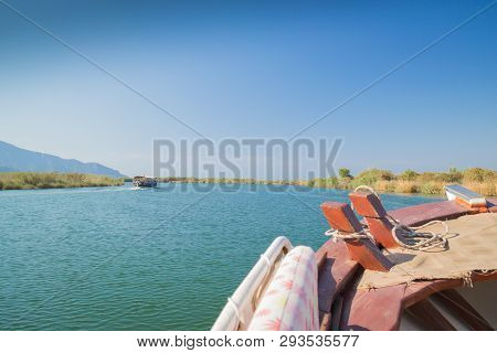 Walk On The River Dalyan, Turkey. Dalyan River Connects The Lake Cajégiz And The Aegean Sea