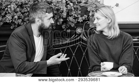 Meet Become Acquaintances. Meeting People First Date. Couple Terrace Drinking Coffee. Casual Meet Ac
