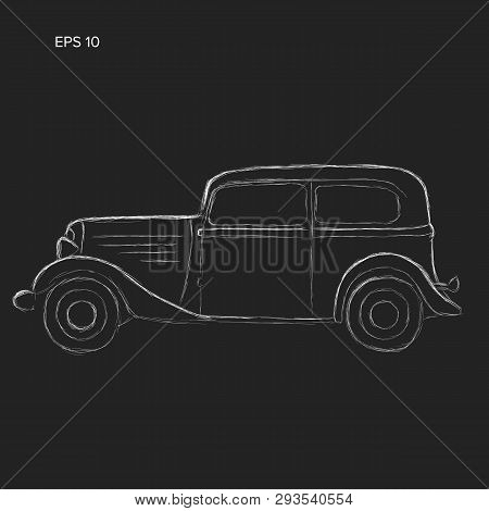 Old Vintage Retro Pre-war Car Vector Illustration. Exclusive Car Chalk Style Sketch