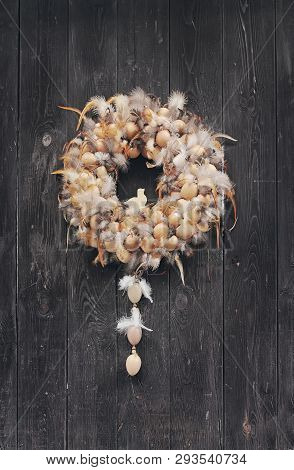Traditional Handmade Wreath With Eggs, Feather And Figure Of Bird For Easter, Outside On The Door, E