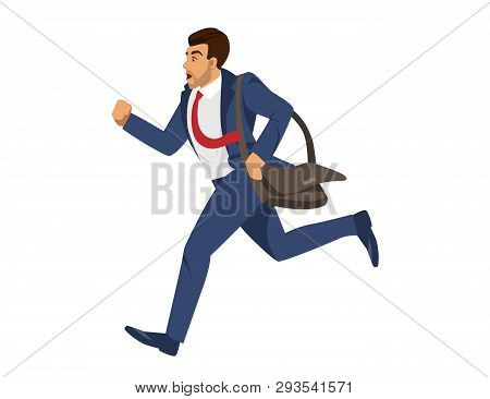 Young Handsome Man In Blue Formal Suit And Red Tie Holding Brown Shoulder Bag Running Fast Isolated 