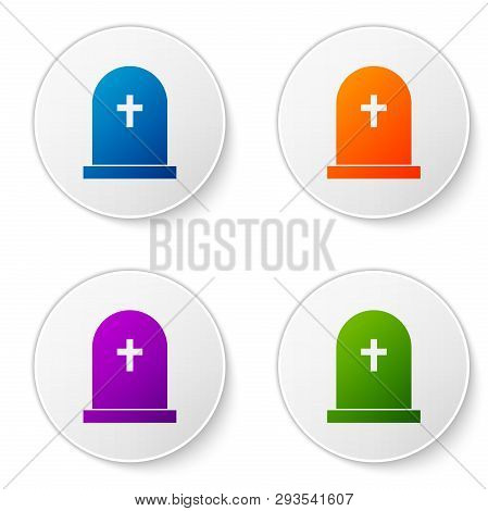Color Tombstone With Cross Icon Isolated On White Background. Grave Icon. Set Color Icon In Circle B