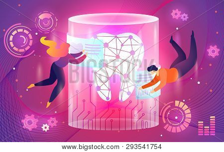 Tiny People Flying Around Of Huge Holographic Tooth. Augmented Reality Screen With Graphs And Charts