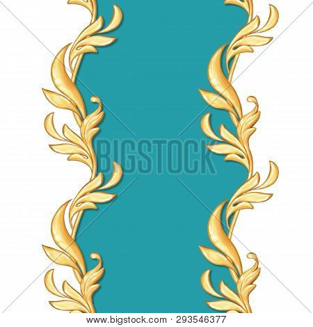 Golden Baroque Semless Border. Classic Pattern With Abstract Leaves