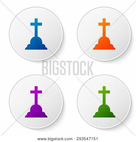 Color Tombstone With Cross Icon Isolated On White Background. Grave Icon. Set Color Icon In Circle B