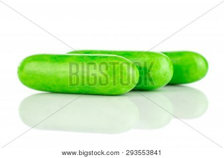 Group Of Three Whole Green Sweet Licorice Comfit Isolated On White Background