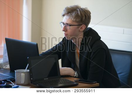 Belarus, Gimel, March 2, 2019. Business Center. Hackathon City. A Young Programmer At The Computer.