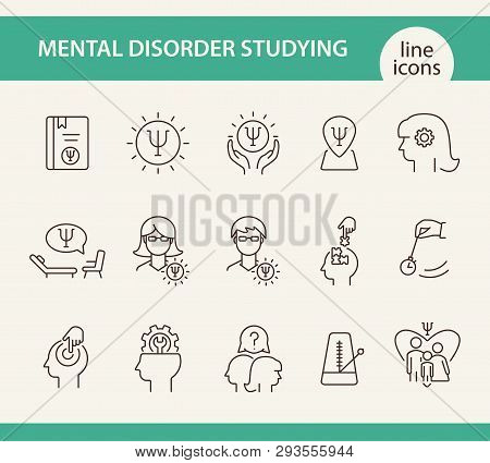 Mental Disorder Studying Line Icon Set. Psychologist, Hypnosis, Metronome. Psychology Concept. Can B