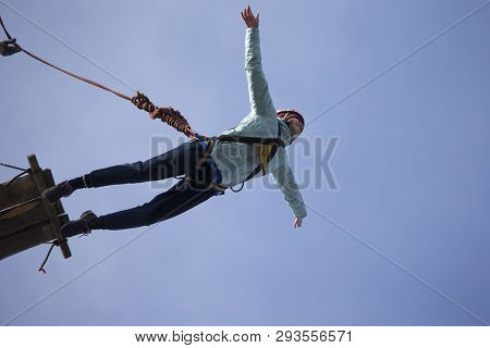 Belarus, Gomel, March 08, 2019. Jumping From The Bridge To The Rope.ropejumping.dangerous Hobbies.wo