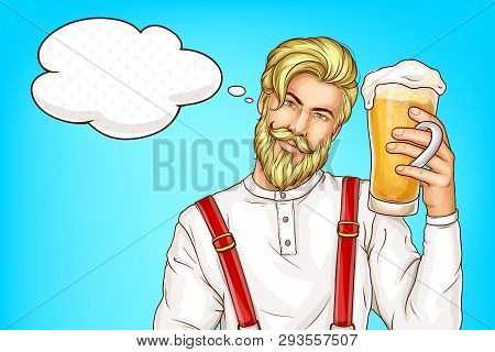 Craft Beer, Oktoberfest Festival Pop Art Vector Advertising Banner With Happy Smiling Blonde, Bearde