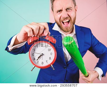 Man Suit Hold Clock In Hand And Arguing For Being Late. Business Discipline Concept. Time Management