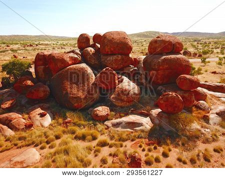 Massive Boulders Formed By Erosion In The Karlu Karlu, Devils Marbles Area Of The Outback (northern 