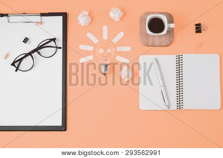 Flat Lay Financial Planning Brainstorming Messy Table Top Image With Blank Clip Board, Office Suppli