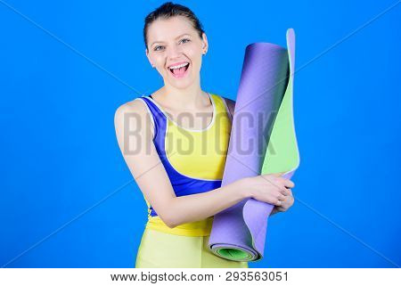 Gym Equipment. Strong Muscles Power. Sporty Woman Train In Gym. Happy Woman Workout With Fitness Mat